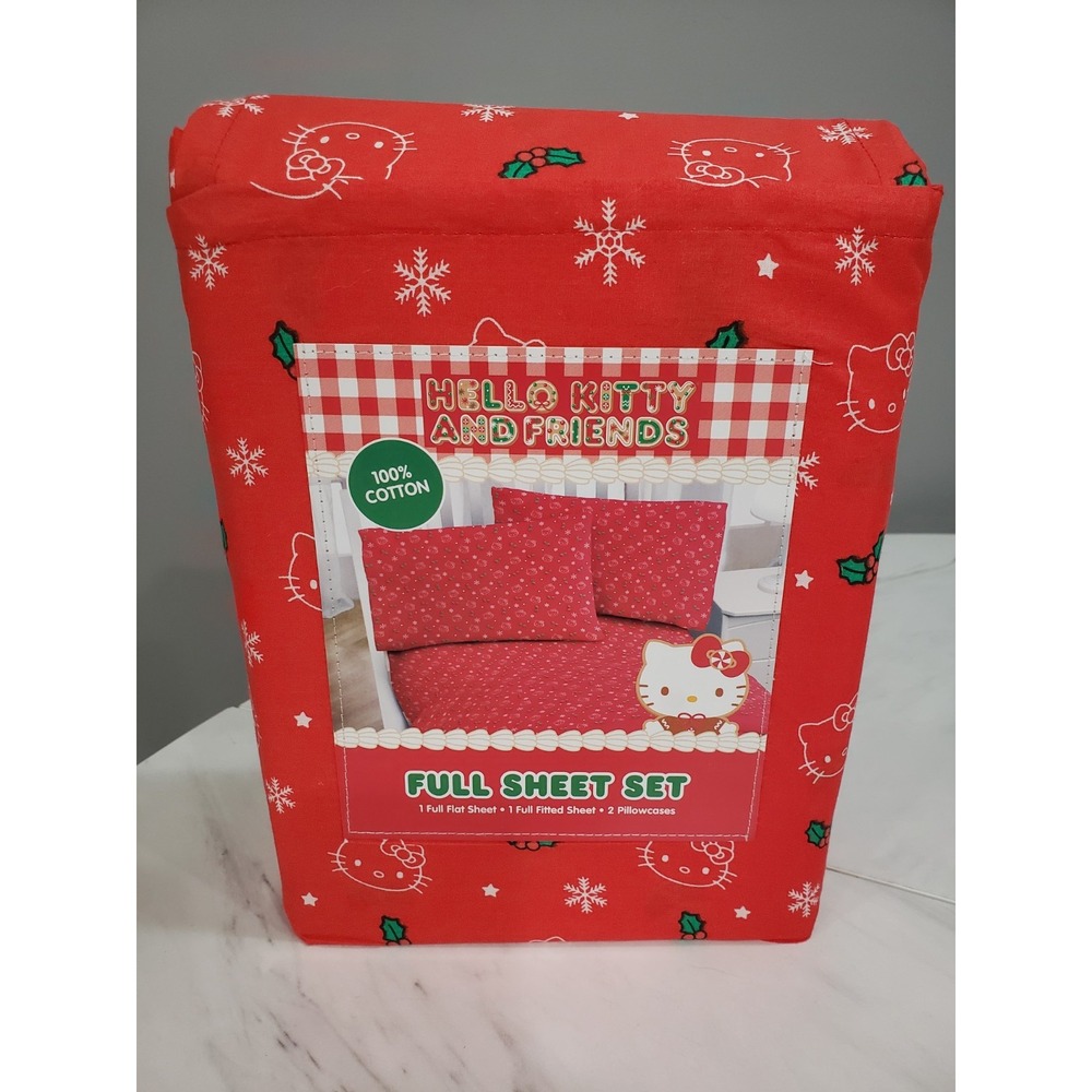 HELLO KITTY Christmas Holly FULL Size 100% Cotton Red Sheet Set (snowflake)‎